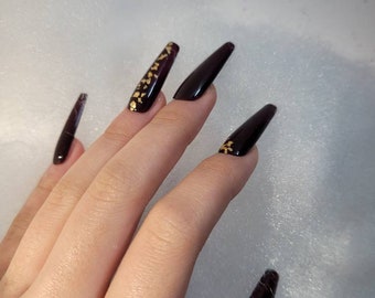 Dark Pecan with Gold Leaf Flake Nails (0037) | Press On Nails | Fake Nails | Gel On Nails |Free shipping