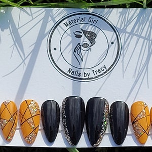 Glitter Merigold Oranges with Mystery Black Moonshine | Press On Nails | Fake Nails | Gel On Nails |Free shipping