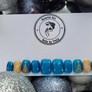 Christmas Trees and Snow Flakes with Blue Hope| Press On Nails | Fake Nails | Gel On Nails | Free shipping | Beautiful Nails| Christmas Nail
