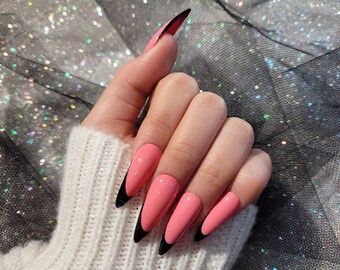 Fiery Rose with Luxury Coal Black French Nails (0018) | Press On Nails | Fake Nails | Gel On Nails |Free shipping