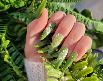 Jungle Light Sage With Gold Leaf Flake (0017) | Press On Nails | Fake Nails | Gel On Nails |Free shipping