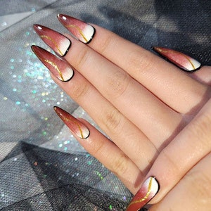 Dark Rosewood Wine with Gold Nightmare Line (0008) | Press On Nails | Fake Nails | Gel On Nails |Free shipping