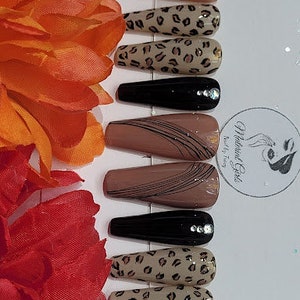 Wild Jaguars Tan and Rose Syrup Beige with Mystery Diamonds (0010) | Press On Nails | Fake Nails | Gel On Nails |Free shipping