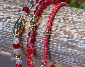 Candy Cane Holiday Trio Bracelet Set | Hand made | Glass Beads | Gold Plating | Silver Plating