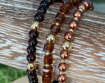Hot Cocoa Vibe Trio Bracelet Set | Hand made | Glass Beads | Gold Plating | Silver Plating