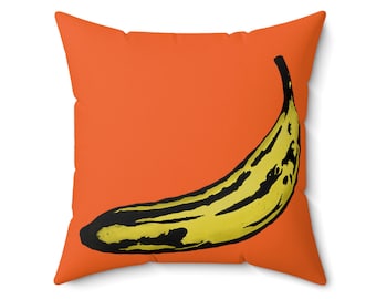 Cojín cuadrado de poliéster con diseño pop art de plátano, naranja y amarillo