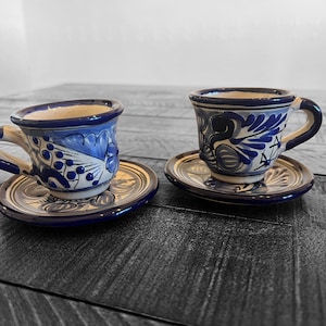 2 Qty Azul Expresso Cups with Saucers Handmade Talavera 2.36oz 70ml