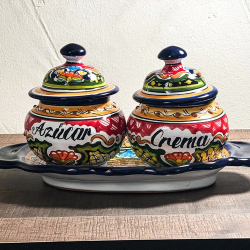 Talavera Mexican Pottery Sugar Jar and Creamer Set Folk Art Etsy