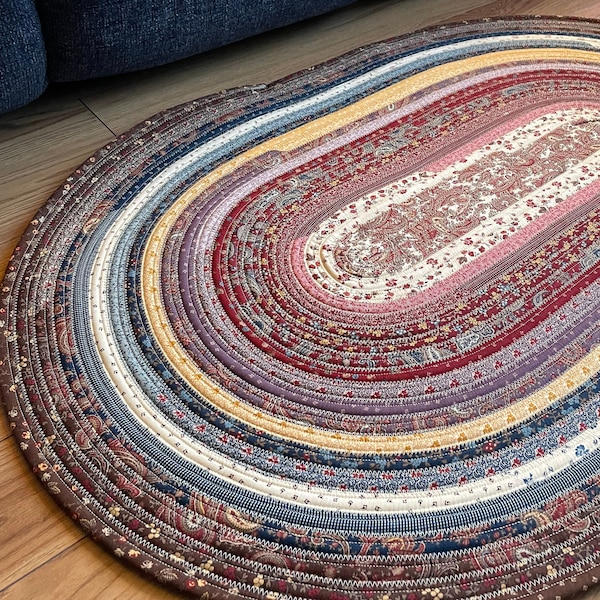 Oval Area Rug, Maroon Navy and Cream Handmade Rag Rug, Jelly Roll Quilted, Braided Rag Style Rug