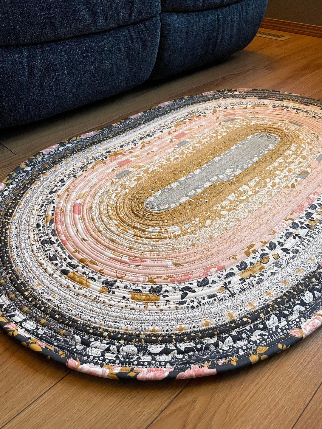 Oval Jelly Roll Rug, New Quilted Vintage Style Rag Rug, 43x27colourful Gold and Charcoal