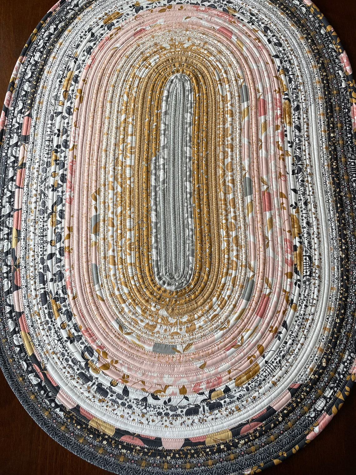 Oval Jelly Roll Rug, New Quilted Vintage Style Rag Rug, 43x27colourful Gold and Charcoal