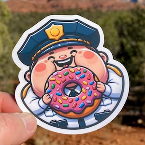 Chubby Police Officer eating a donut Sticker, sticker, Police, Cops, colorful donut, Stereotypes, Police Humor, Police sticker, Chubby, eat