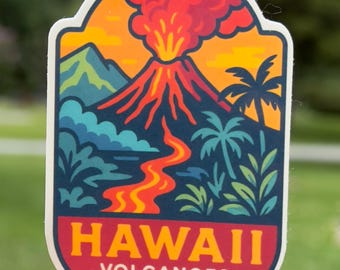 Pegatina del Parque Nacional de los Volcanes de Hawái, paisaje, parques nacionales, senderismo, viajes, Hawái, pegatina, Isla Grande, volcán, erupción, lava