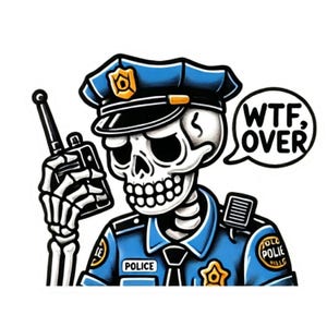 May include: A cartoon illustration of a skeleton police officer wearing a blue uniform and hat, holding a walkie-talkie. The skeleton has a speech bubble that says "WTF, OVER". The image has a white background.
