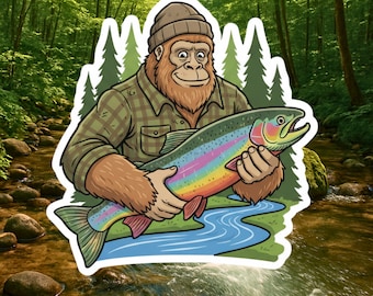 Pode incluir: Um autocolante com um Bigfoot de desenho animado segurando uma truta arco-íris. Bigfoot está usando um gorro marrom e uma camisa xadrez verde. O peixe tem listras coloridas. O fundo mostra uma cena de floresta com um rio.