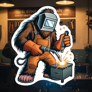 Bigfoot Welder Sticker, Welder, Welding, tradesman, Bigfoot, sticker, sparks, metal worker, steel worker, Sasquatch,Fabrication,welding mask image 1