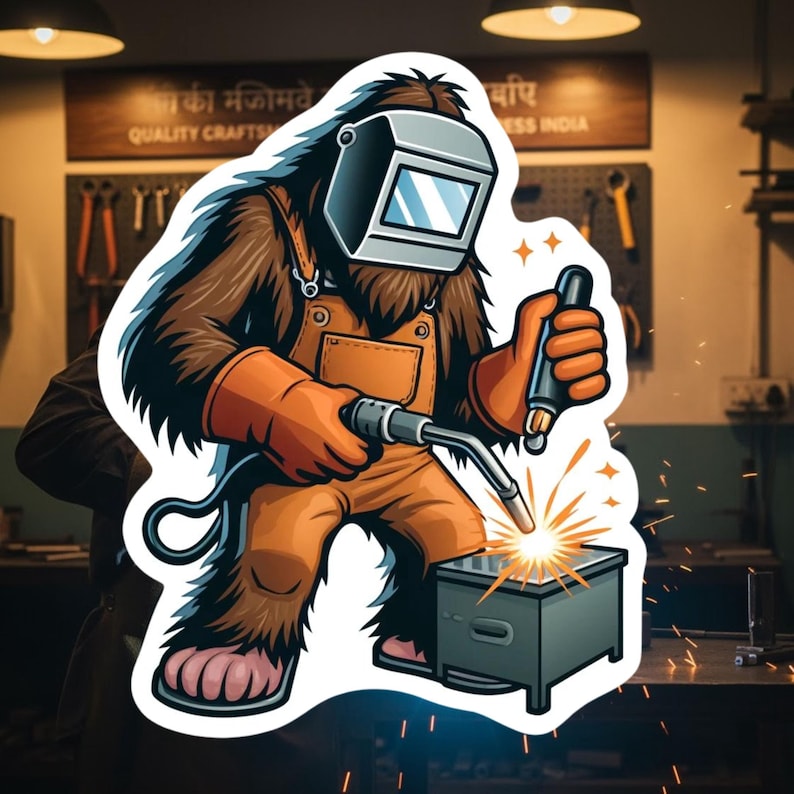 Bigfoot Welder Sticker, Welder, Welding, tradesman, Bigfoot, sticker, sparks, metal worker, steel worker, Sasquatch,Fabrication,welding mask image 1