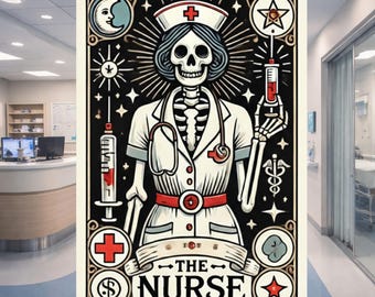 Tarot Card inspired Skeleton Nurse Sticker, nurse, healthcare, hospital, tarot card, nursing, nursing school, sticker, psychic, nurse humor