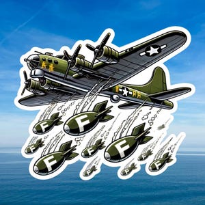 May include: A sticker featuring a cartoon illustration of a vintage olive green bomber plane dropping bombs. The bombs are olive green with a white "F" on them. The plane has a star on the wing and the sky is blue.