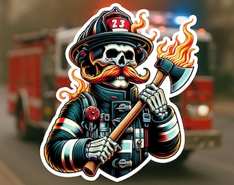Skeleton Firefighter Sticker, firefighter, bunker gear, fireman, ax, mustache, fire department, hero, firehouse, sticker, fire, flames,decal
