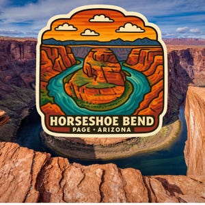 May include: A sticker featuring a stylized illustration of Horseshoe Bend in Page, Arizona. The design showcases the iconic river bend with orange and brown canyon walls, turquoise water, and a sunset sky. Text reads "Horseshoe Bend, Page Arizona."