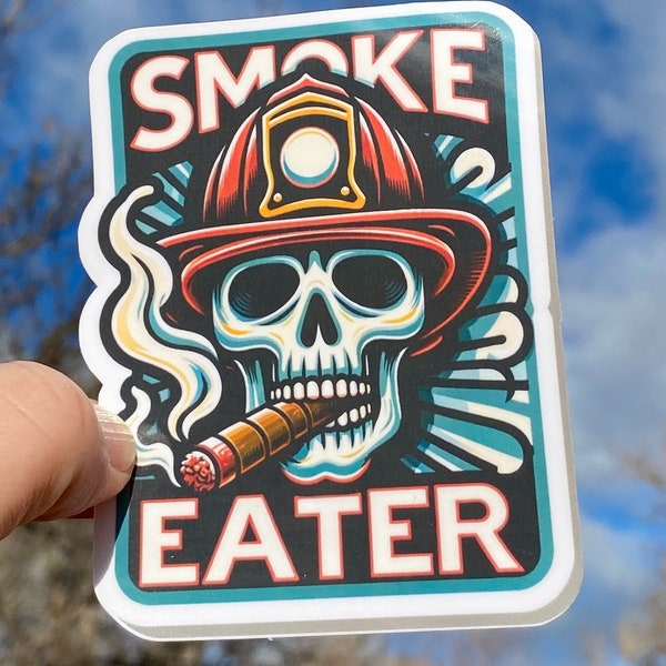 Smoke Eater Firefighter Sticker, firefighter, Fireman Skull, fireman, Skull, smoke eater, fire department, hero, firehouse, sticker, cigar