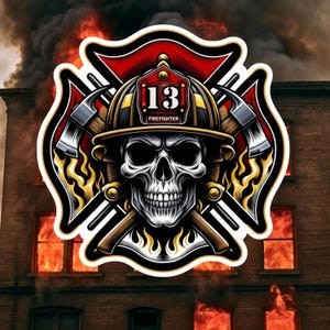 Customizable Maltese Cross Skeleton Firefighter Sticker, firefighter, fireman, ax, fire department, firehouse, sticker,decal,Maltese cross