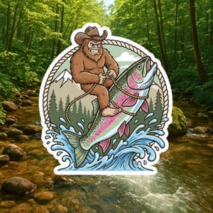 May include: A sticker featuring a cartoon Bigfoot wearing a cowboy hat, riding a rainbow trout. The design includes mountains, trees, and water, all framed by a rope border. The Bigfoot is holding onto the fish with a rope.