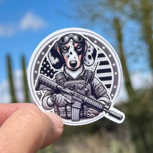 May include: A black and white dachshund wearing a military uniform and holding a rifle. The dog is standing in front of a black and white American flag with stars.