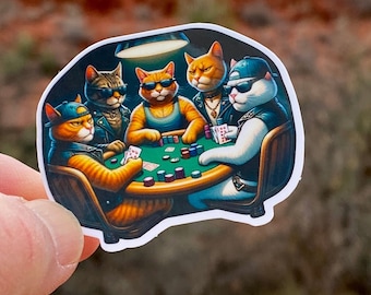 Angry Cats playing poker Sticker, sticker, cats, feline, Decal, poker, Funny cats, card games,cat sticker, angry cats,royal flush,full house