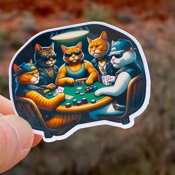 Angry Cats playing poker Sticker, sticker, cats, feline, Decal, poker, Funny cats, card games,cat sticker, angry cats,royal flush,full house