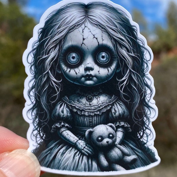 Creepy Doll Scary Sticker, sticker, Creepy, Sinister, Scary Doll, Horror movie fans, scary movie, Haunted, Dolls, Macabre, Collectors, Haunt