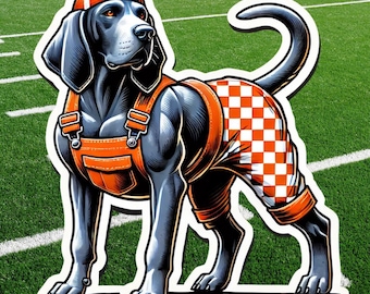 Bluetick Coonhound wearing orange and white checkered overalls Sticker, southern football fan, Football, orange