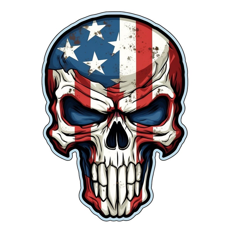 May include: A white skull with a distressed American flag design. The skull has red, white, and blue stripes and white stars. The skull is outlined in blue.
