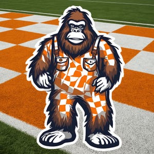 Bigfoot wearing orange and white checkered overalls Sticker.  UT Vols fan, Big Orange, Tennessee, Vols, Sticker, Decal, Tennessee Football