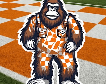 Bigfoot in Orange Checkered Overalls Sticker – Southern Football Fan Decal