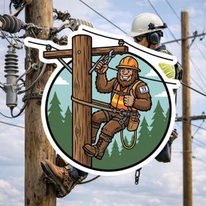 May include: A sticker featuring a cartoon Bigfoot character in an orange hard hat and safety vest, holding a wrench and giving a thumbs-up. The character is on a utility pole, with a background of trees and sky. The sticker has the text "Local 73 Squatch".