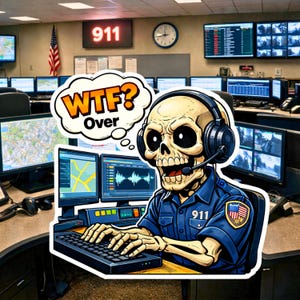 911 Dispatcher WTF Sticker: Anime or Skeleton Emergency Operator Vinyl Decal