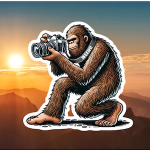 Bigfoot Photographer Sticker, camera, photographer, digital camera, Bigfoot,  photography, sticker, cryptid, camera gear, photo bug, gear