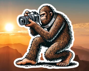 Bigfoot Photographer Sticker, camera, photographer, digital camera, Bigfoot,  photography, sticker, cryptid, camera gear, photo bug, gear