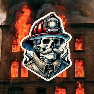 Skeleton Firefighter with mustache Sticker, firefighter, bunker gear, fireman, mustache, fire department, hero, firehouse,sticker,fire,skull