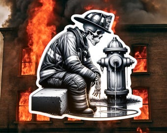 Skeleton Firefighter Sticker: Weary Hero, Bunker Gear Vinyl Decal, Fire Hydrant