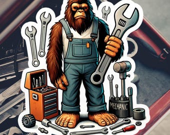 Bigfoot Mechanic Sticker, Welder, Mechanic, tradesman, Bigfoot, sticker, trades, tools, workshop, Sasquatch, wrench, tool man, tool shop