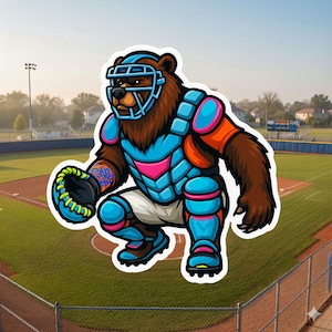 Grizzly Bear Baseball Catcher Sticker, Catcher, Baseball, Catchers mitt, Grizzly, little league, sticker, play ball, bear, catchers mask