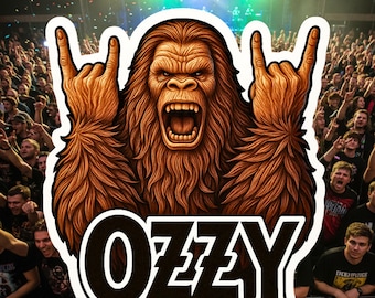 Custom "Ozzy" Bigfoot memorial Sticker, Rock star, Bigfoot, rock horns, 80s music, memorial, Heavy Metal, Hair Metal, Hair Band, sticker