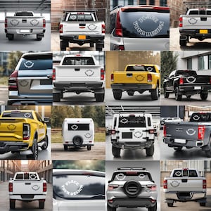 May include: A collage of images showcasing various trucks with a white circle sticker on the rear window. The sticker has the text "PLACE YOUR DESIGN" inside the circle.