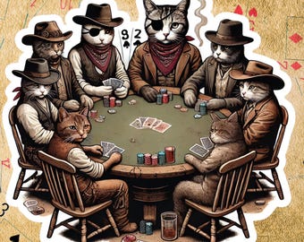 Cowboy Cats playing poker Sticker, sticker, cats, feline, Decal, poker, western, card games,cat sticker, cowboy,royal flush,full house,cards