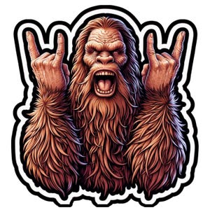 Bigfoot Sticker, Rock star, Bigfoot, rock horns, 80s music, Music lover, Heavy Metal, Hair Metal, Hair Band, Rock On, rocker, horns, sticker image 2