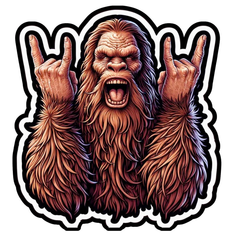 Bigfoot Sticker, Rock star, Bigfoot, rock horns, 80s music, Music lover, Heavy Metal, Hair Metal, Hair Band, Rock On, rocker, horns, sticker image 2
