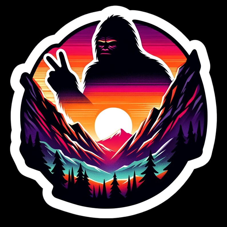 Bigfoot Peace Sign Neon Mountains Sticker, Bigfoot, Mountains, Peace